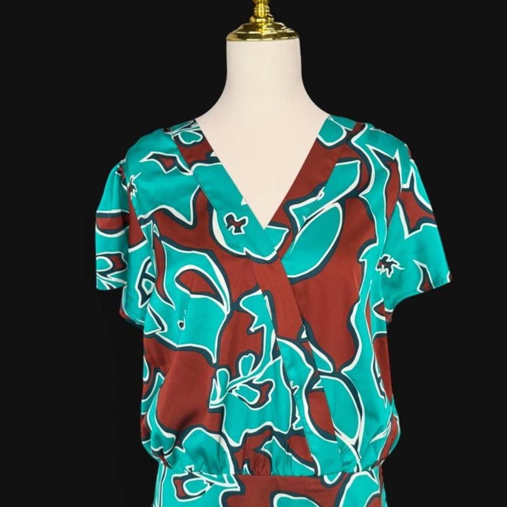 Nine West Abstract Print Surplice Wrap Blouse Teal Brown Smocked Waist Top Large